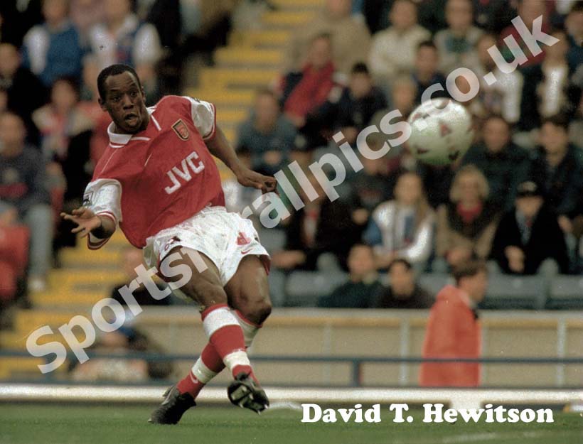 Ian Wright scoring for Arsenal v Blackburn, Oct. 12th, 1996. Photo: David T. Hewitson/Sports for All Pics/EMPICS Photo Agency
